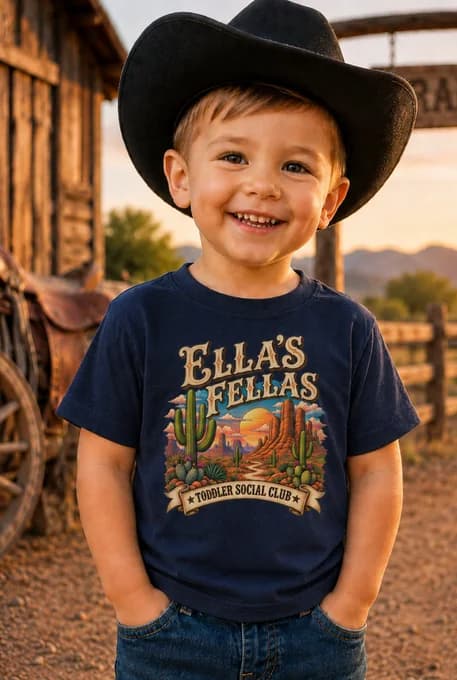Child wearing an Ella’s Fellas toddler shirt and a black cowboy hat